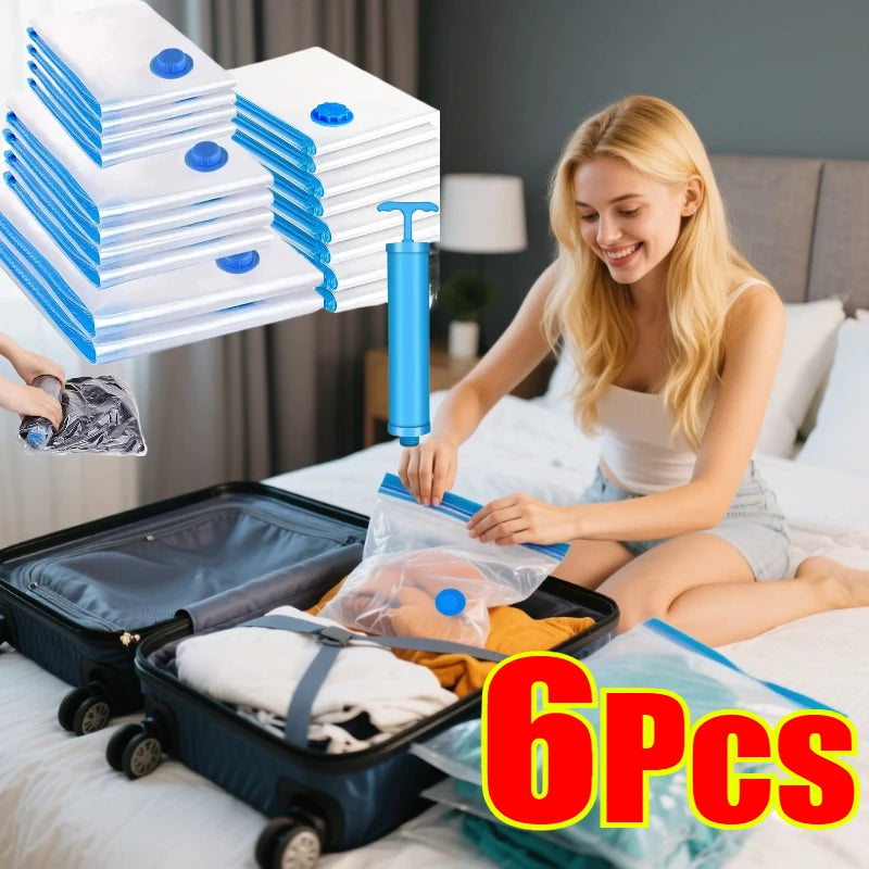 6PCS Vacuum Bag With Valve or Pump for Clothes Storing Large Plastic Compression Empty Bag Travel Accessories Storage Container Oasis Select
