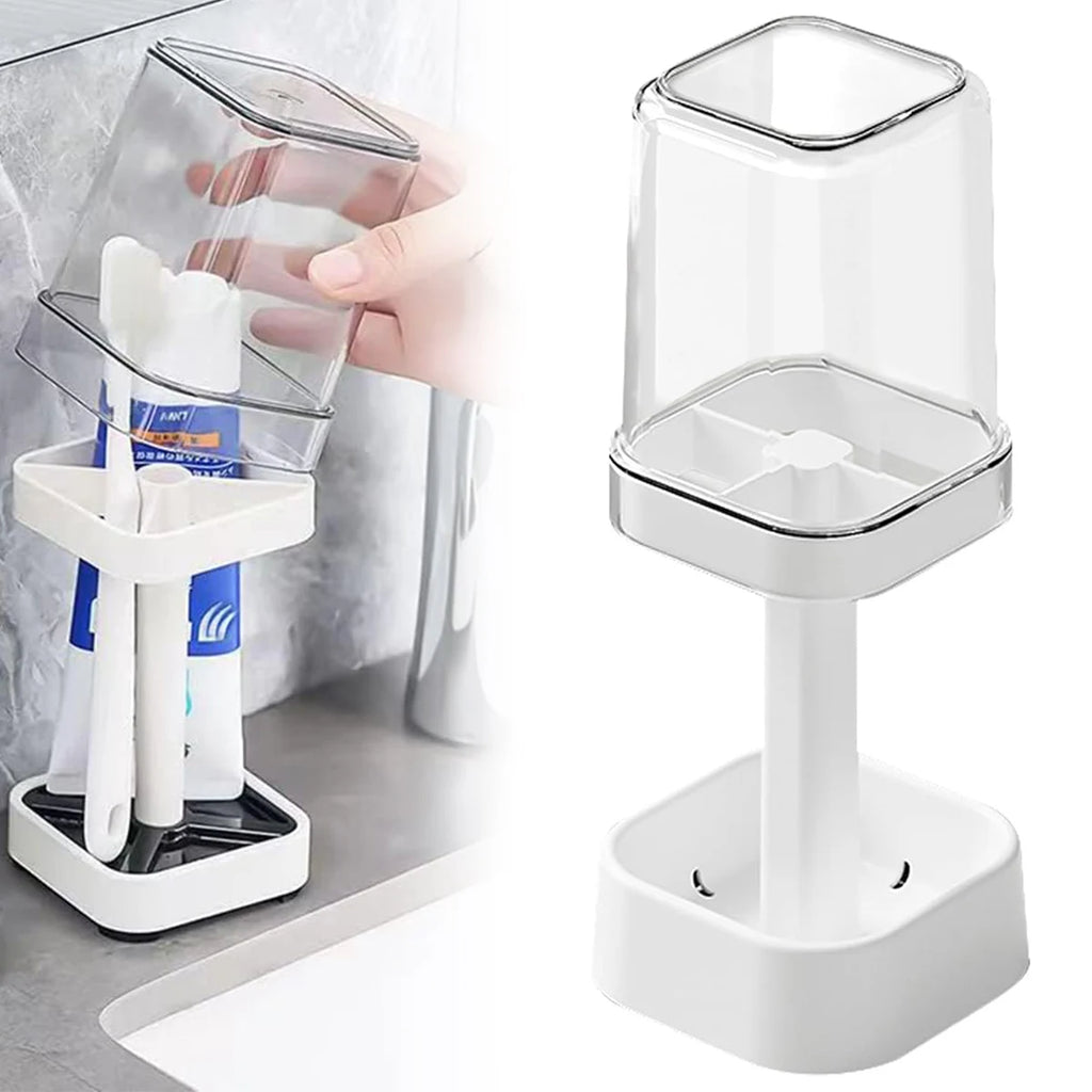 3in1 Countertop Toothbrush Station with Cover All-in-One Toothpaste Brush Holder for Bathroom Sink Easy-Clean Plastic Organizer Oasis Select
