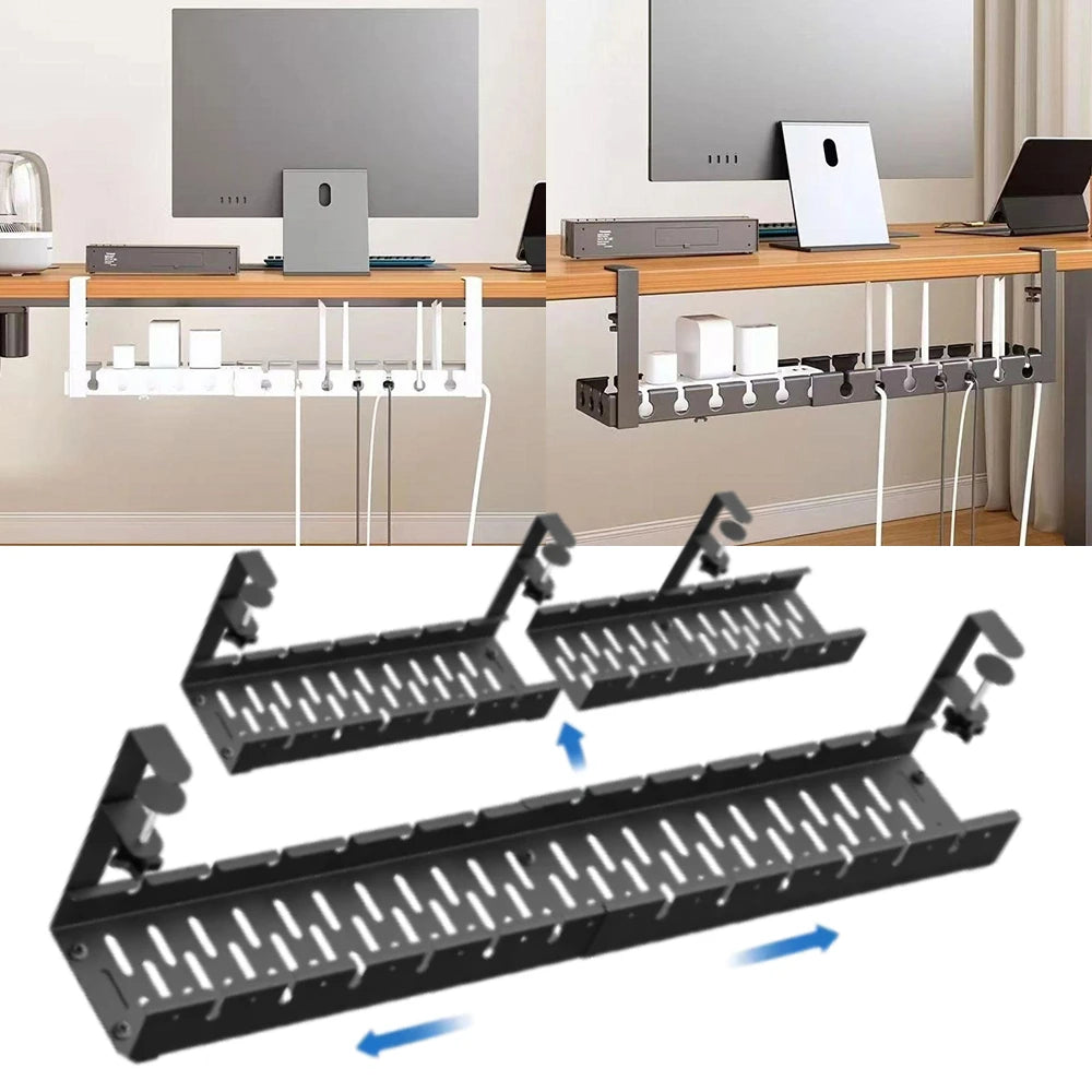 No-Drill Under-Desk Cable Management Tray | Retractable Metal