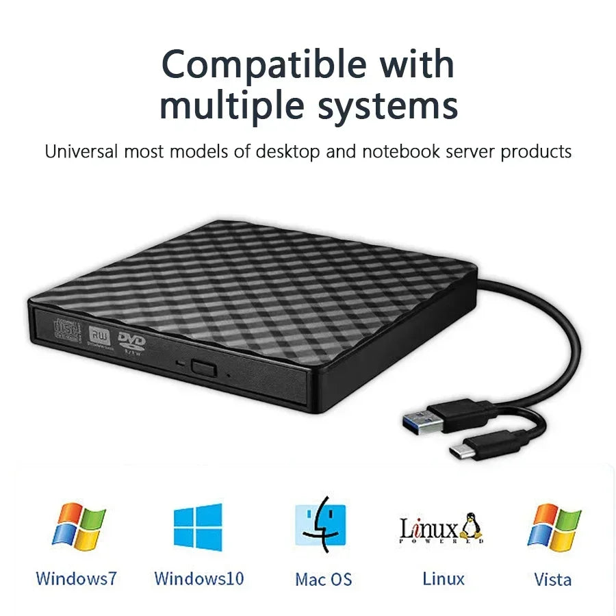2-in-1 USB 3.0 TypeC Slim External DVD RW CD Writer Drive Burner Reader Player Optical Drives for Laptop Desktop PC DVD Burner Oasis Select