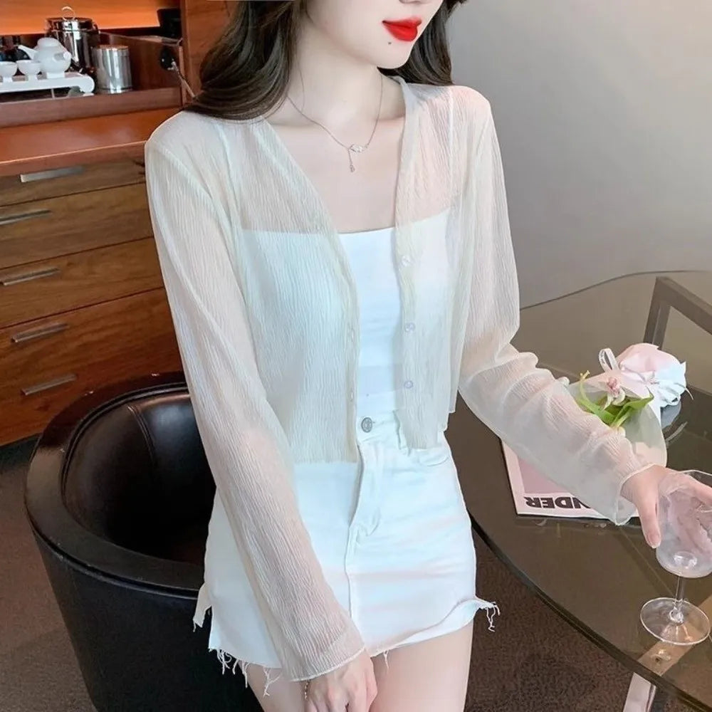 New Thin Chiffon Cardigan Lightweight Long Sleeve Sun-Proof Tops Casual Sun Protection Clothing Women's Oasis Select Apricot XL