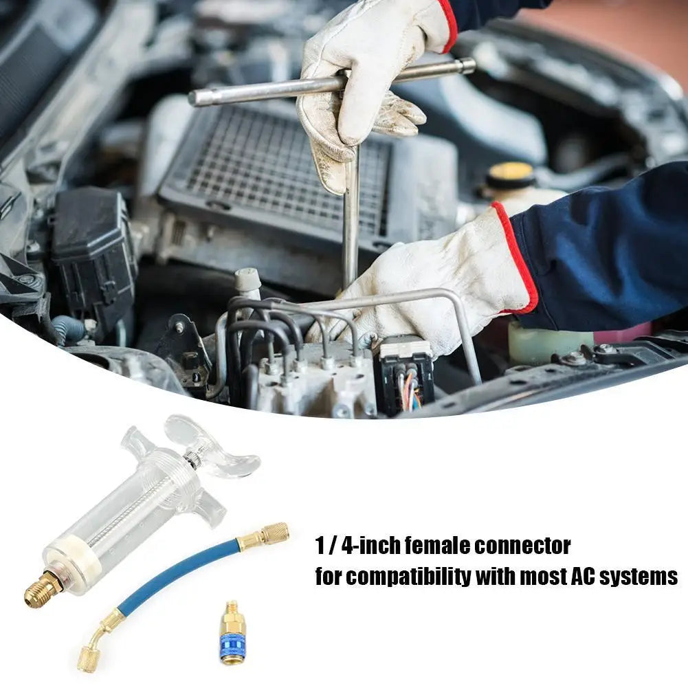 Auto A/C Oil/Dye Injector 1Oz with 134a Low Side Quick Coupler Adapter 1/4" Air Conditioning Coolant Filling Tube Injection Tool Oasis Select