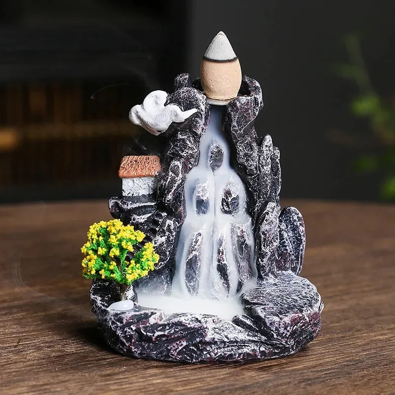 Mountain River Backflow Incense Burner Waterfall Incense Holder with Bridge & Pagoda Decor for Yoga Studio Home Aromatherapy Oasis Select