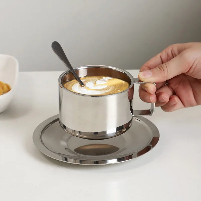 Coffee Cup Set with Spoon and Saucer, Made of 304 Stainless Steel, Double-layer Heat-insulating Mug, for Home, Cafe, Restaurant Oasis Select