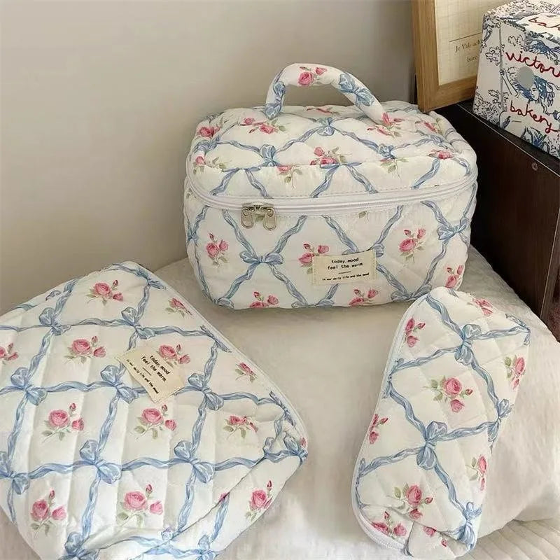 Bow Flower Quilted Makeup Bag – Zipper Cosmetic Organizer
