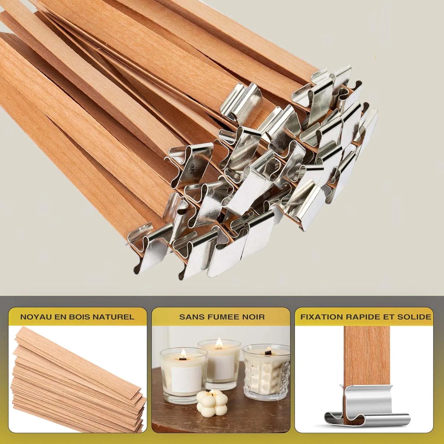 Natural Wooden Candle Wicks x30 + 30 Metal Bases – 13cm