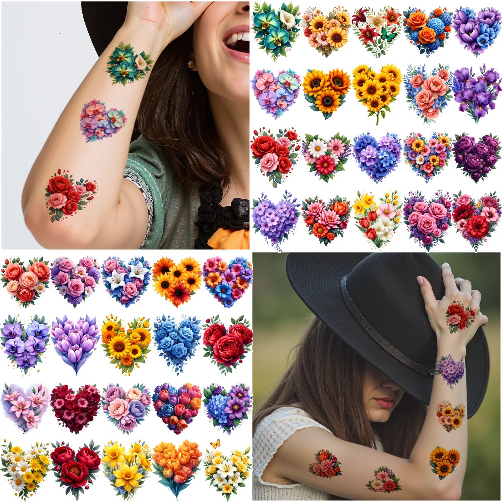 63-Piece Floral & Heart Temporary Tattoo Stickers for Adults