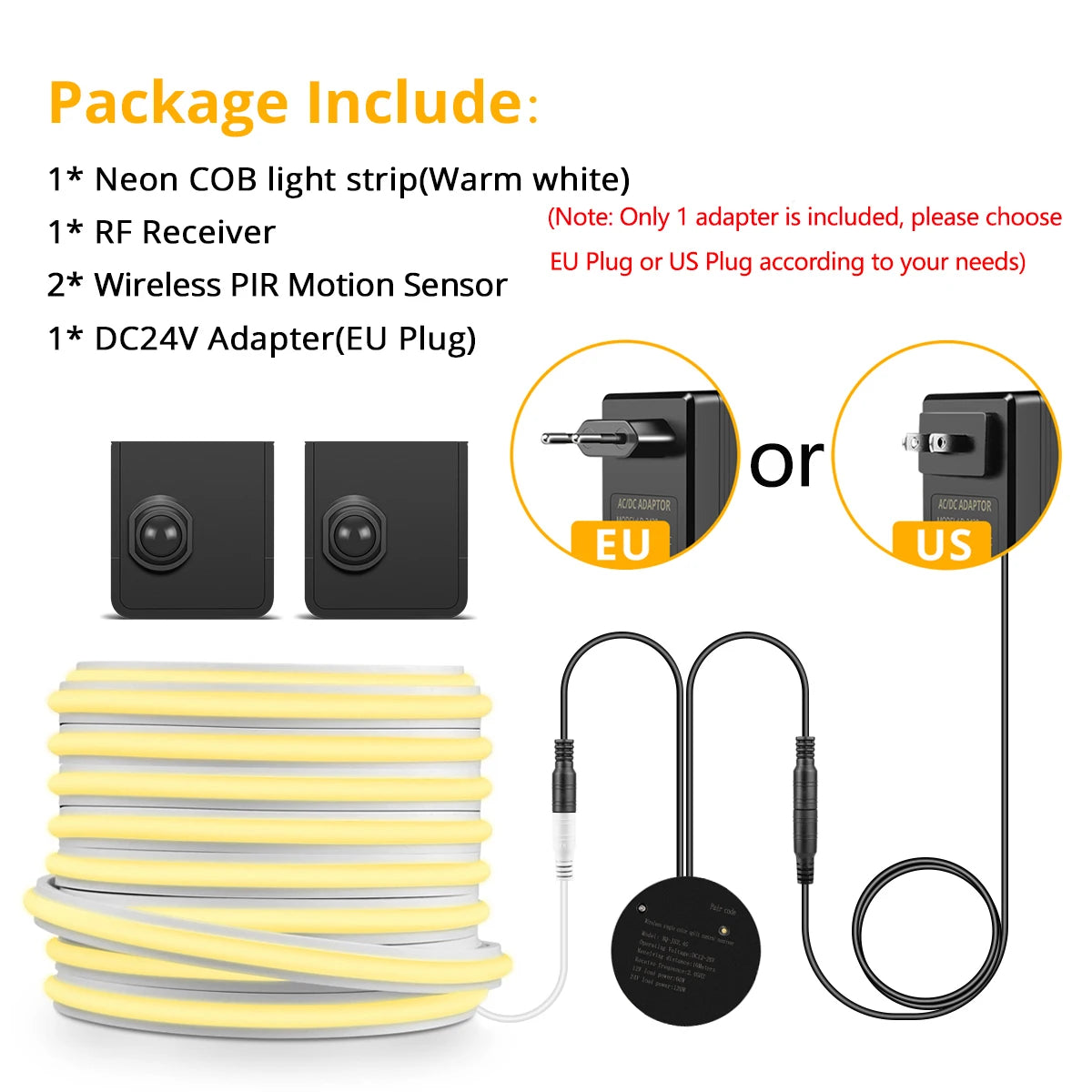 24V Wireless PlR Motion Sensor COB LED Neon Strip NightLight for Bed Bathroom Stair Hallway Lighting 3/5/10m Solid Silicone Tape Oasis Select 10M Length 2Sensor Warm White US