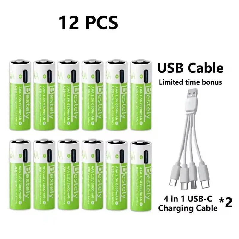AAA Rechargeable Lithium Battery 2025 New 6800mAh Large Capacity, USB-C Charge, for Cameras, Electric Toothbrushes, Shavers Oasis Select 12 PCS Batteries 1.5V