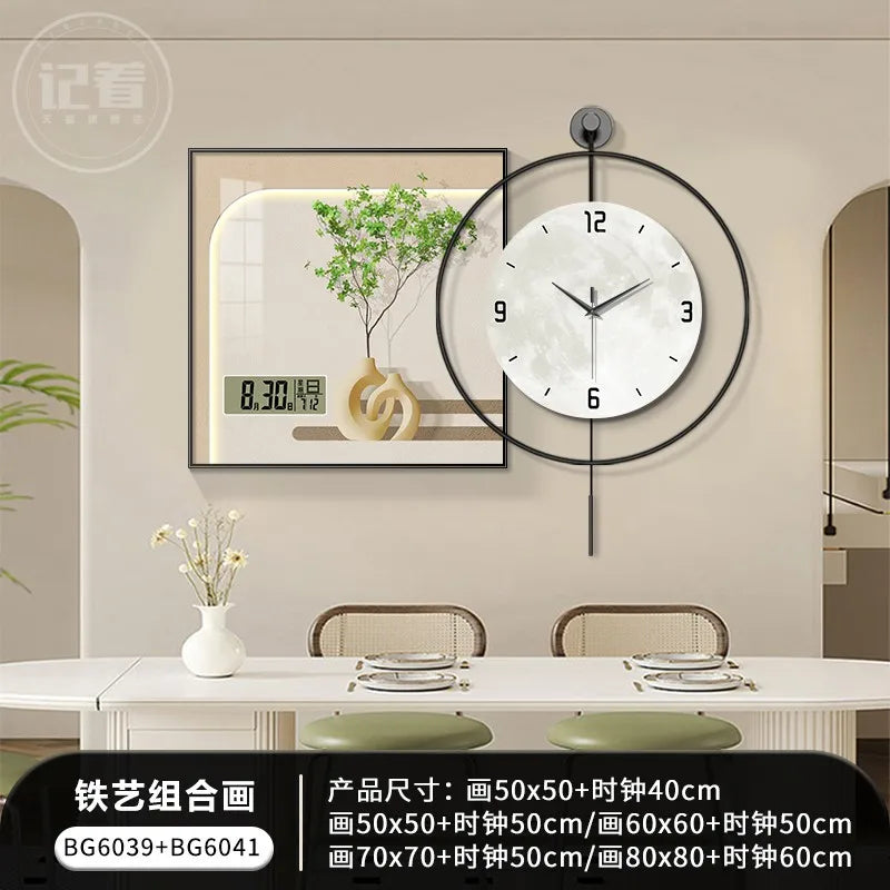Simple Green Plant Perpetual Calendar Electronic Clock Guest Restaurant Decorative Painting Iron Combination Wall Clock Oasis Select BG6039 BG6041 60x60 clock 50cm