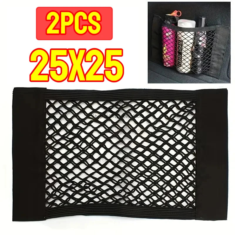 Car Back Rear Trunk Organizer Net Mesh Seat Elastic String Magic Sticker Universal Storage Bag Pocket Auto Put Paper Stowing Oasis Select 25x25-2PCS