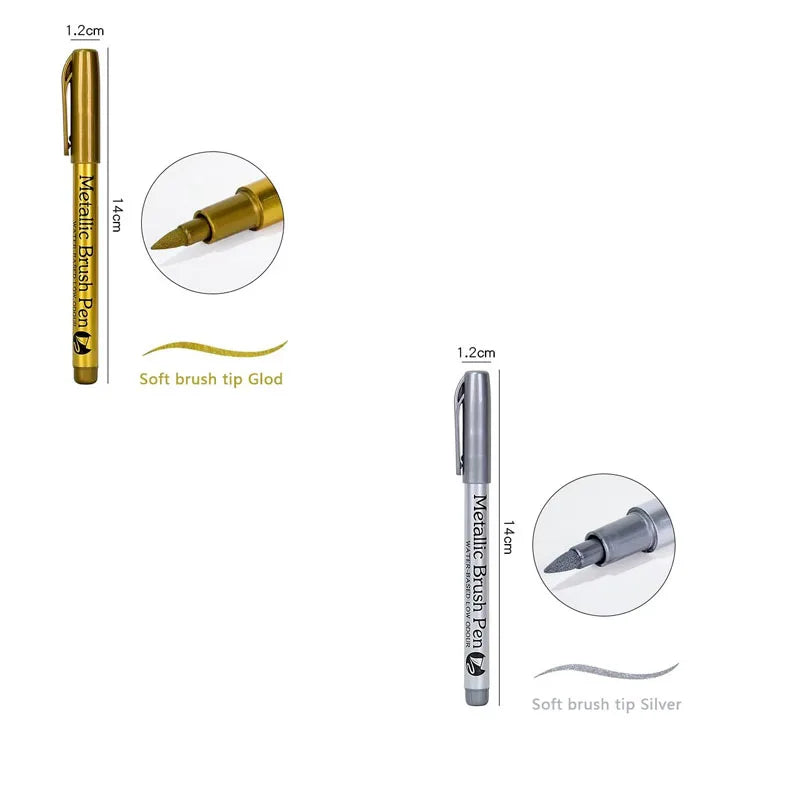 1/2/3pcs Soft Brush Metallic Marker Pens Gold Silver Permanent Art Markers For Glass Ceramics Resin Crafts Scrapbooking Painting Oasis Select 2pcs mix 1