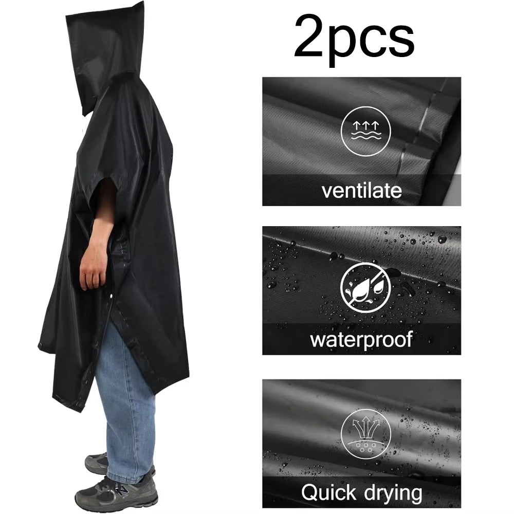 3 In 1 Outdoor Raincoat Hooded Sleeve Waterproof Rain Poncho Motorcycle Rain Cover Camping Hiking Travel Rainwear Tent Oasis Select Black 2pcs