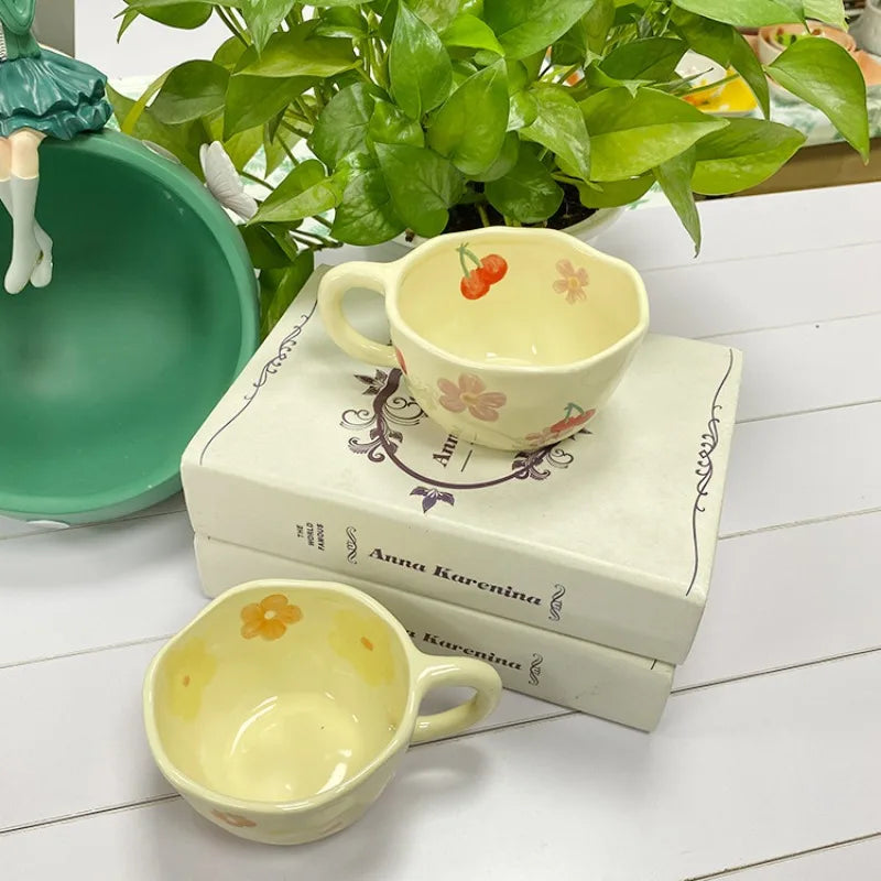 Ceramic Mugs Irregular Flower Coffee Milk Yellow Hand Pinched Cups Cute Korean Style Oat Breakfast Juice Black Tea Kawaii Cup Oasis Select