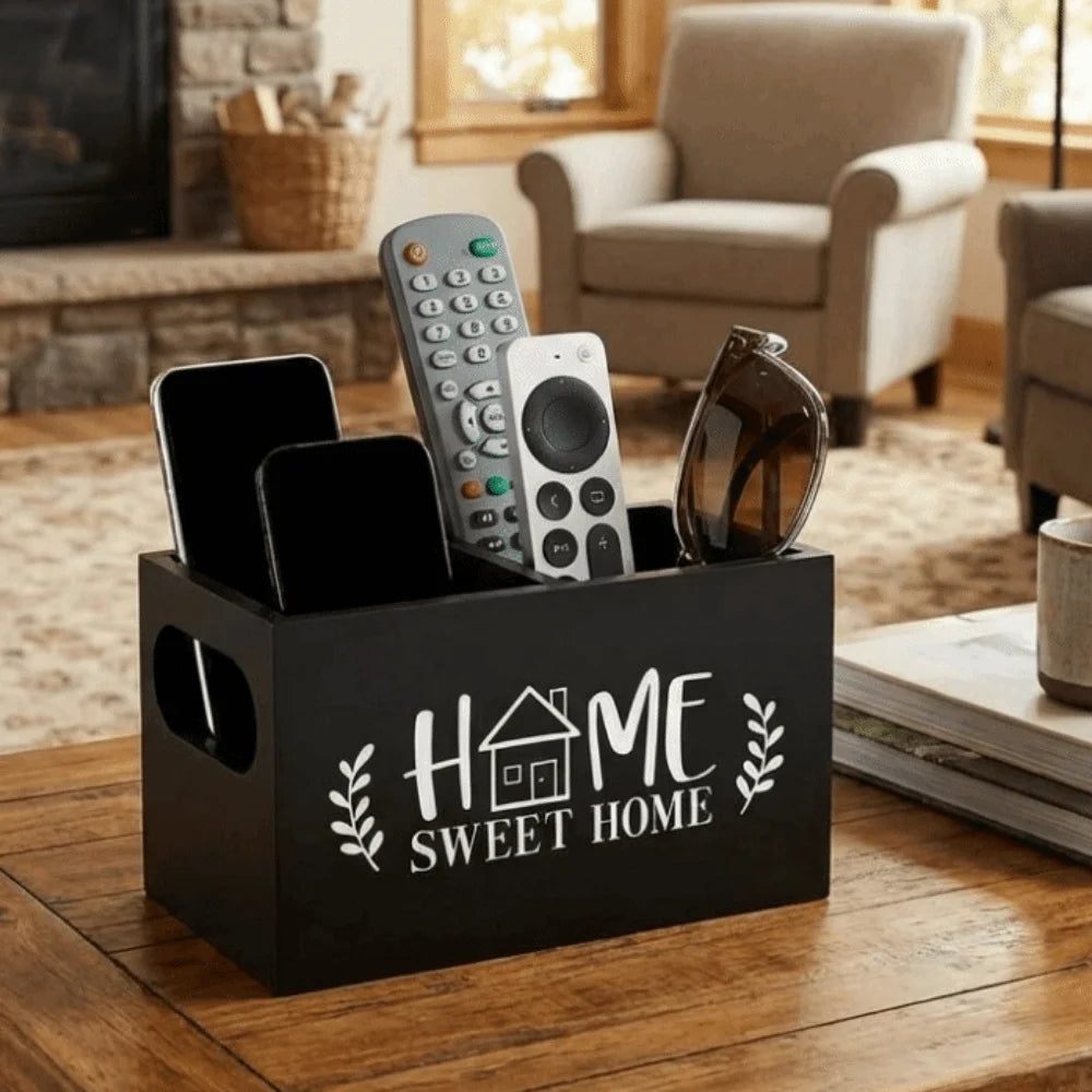 Wooden Remote Control Storage Box – 2-Slot Desktop Organizer