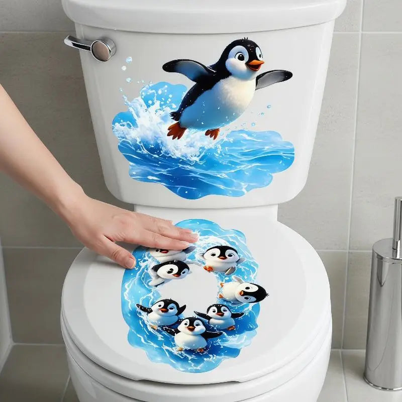 Cute Cartoon Penguin Toilet Stickers Waterproof Self Adhesive Removable Bathroom Wall Decor Decals Oasis Select