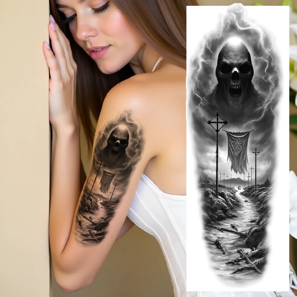 3-Pack Skull & Grim Reaper Temporary Tattoos – Black & Grey