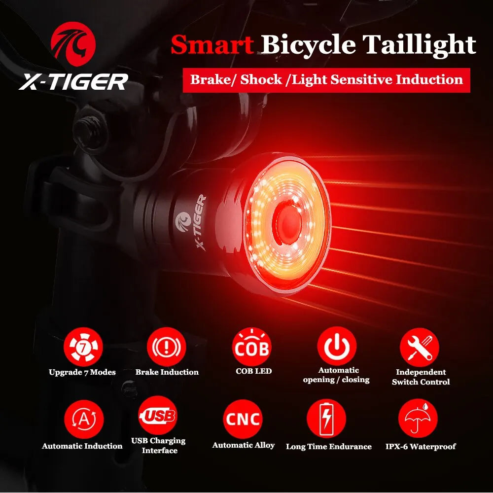 X-TIGER Bike Rear Light Smart Brake Sensing Light Bicycle Tail Light IPX6 Waterproof LED Charging Taillight Cycling Accessories Oasis Select