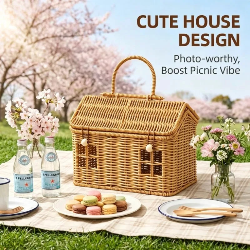 1pc Handwoven PE Rattan Picnic Basket, Durable Fruit Bread Snack Tote Bag, Portable Woven Storage Basket for Grocery Shopping Oasis Select