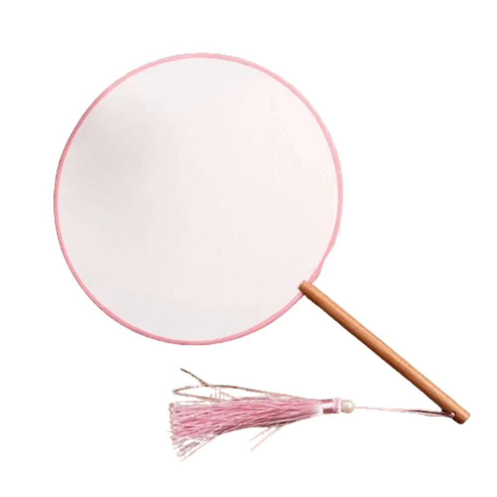 Vintage Blank Round Hand Fan Chinese Style Unfinished Wooden Silk Hand Fan with Tassel Elegant Art Painting Fans Wedding Party Oasis Select Style 2