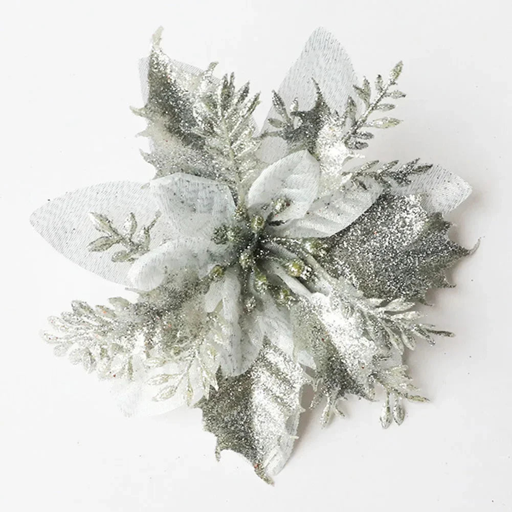 Christmas Poinsettia Glitter Flower Hanging Xmas Party Tree Decoration Xmas Tree Ornament Home Decoration Navidad New Year Oasis Select silver China Mainland