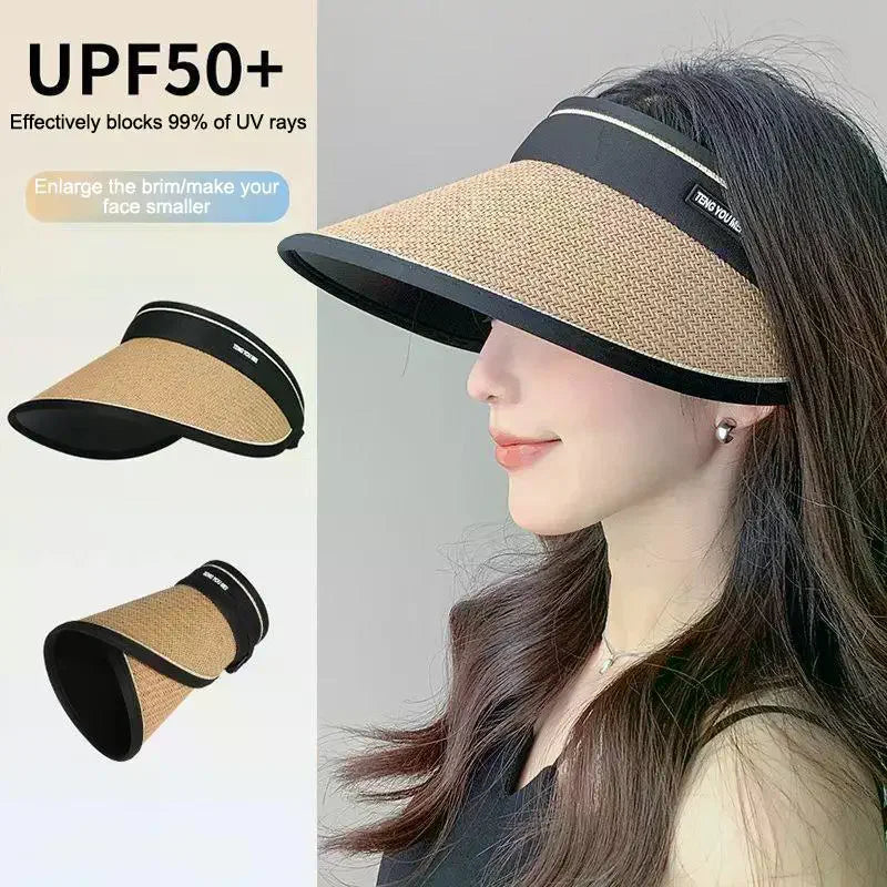 Foldable Empty Top Straw Sun Visor Hat Women Girls UV Protection Casual Beach Sunshade Outdoor Cap Oasis Select