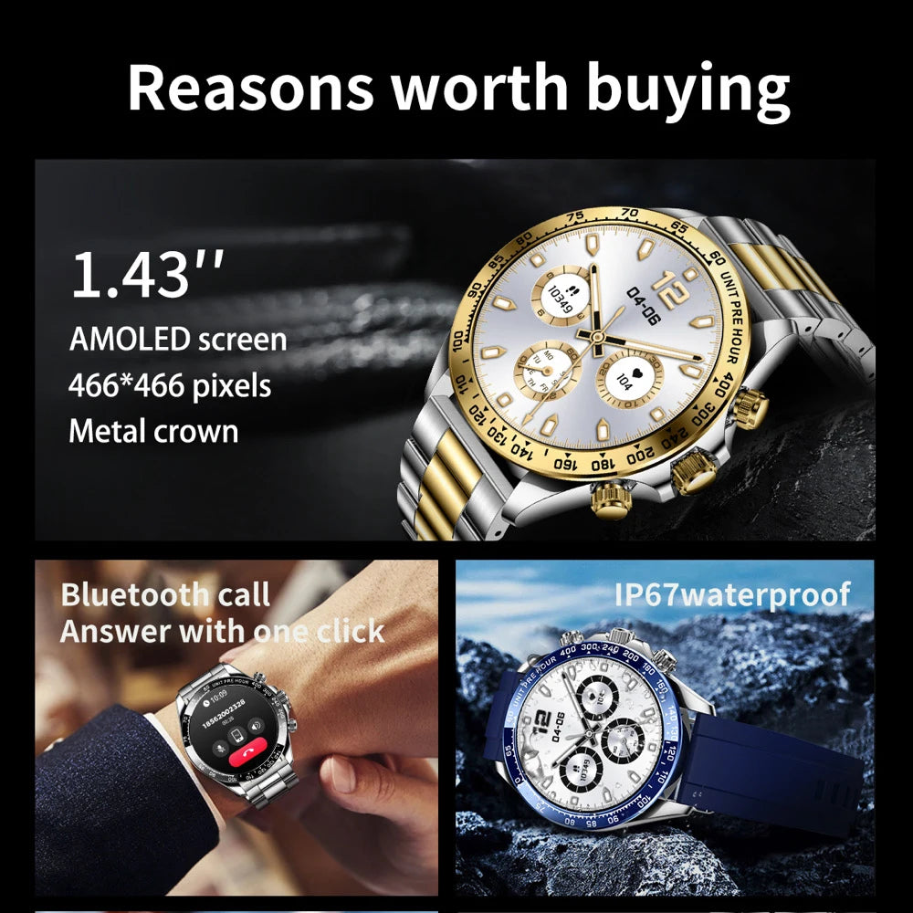 New 1.43" AMOLED Screen Men Business Smartwatch Blue Tooth Call Smart Watches Heart Rate Health Sports Fitness Waterproof 400mAh Oasis Select