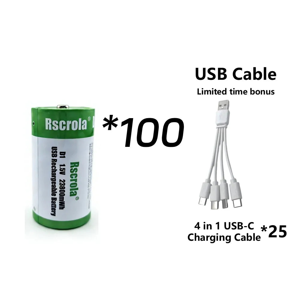 1.5V 23800mWh D Cell Batteries Rechargeable D Batteries with Charger Cable for Gas Cooker Water Heater Flashlight Radio Tool Toy Oasis Select 100P D1 Battery 1.5V