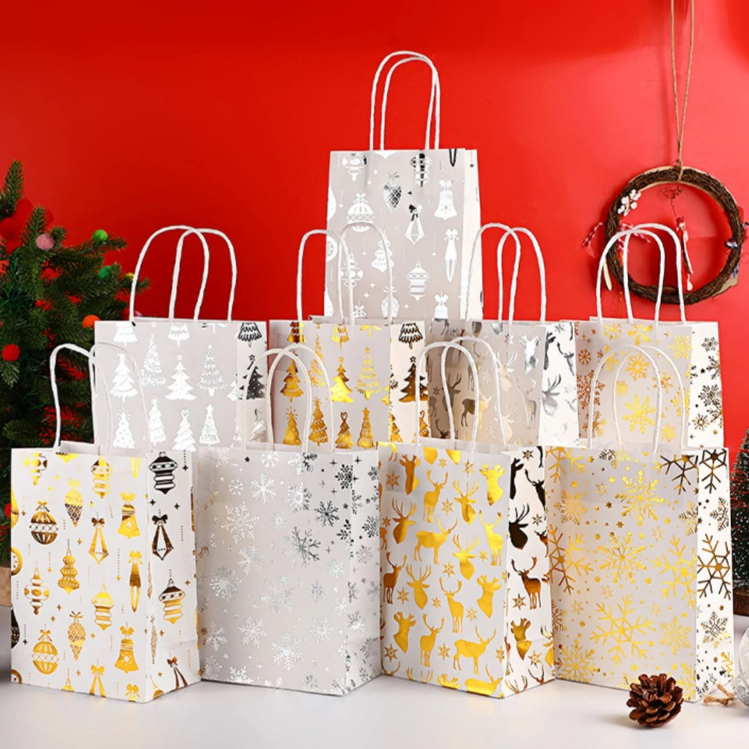 Christmas White Kraft Gift Bag – Snowflake & Reindeer Pattern