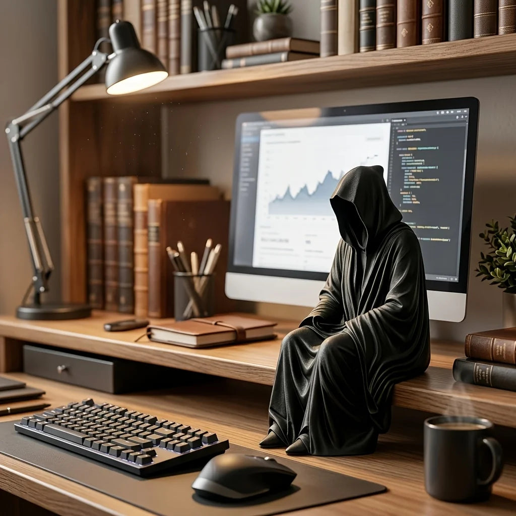 Gothic Grim Reaper Desktop Edge sitting posture Ornament Black Robe Faceless Wizard Sculpture Ornament Home Desktop Decor Oasis Select