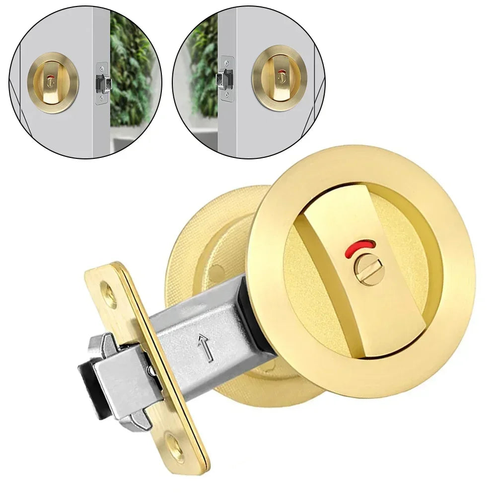 Flush Pocket Door Lock Zinc Alloy Gold Color with Privacy Indicators Contemporary Round Design for Residential Doors Oasis Select