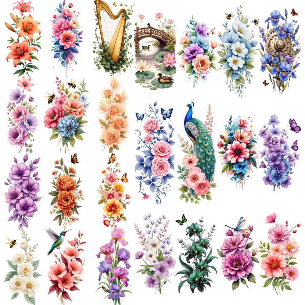 9-Pack Floral Temporary Tattoos – Rose, Lily & Harp Designs