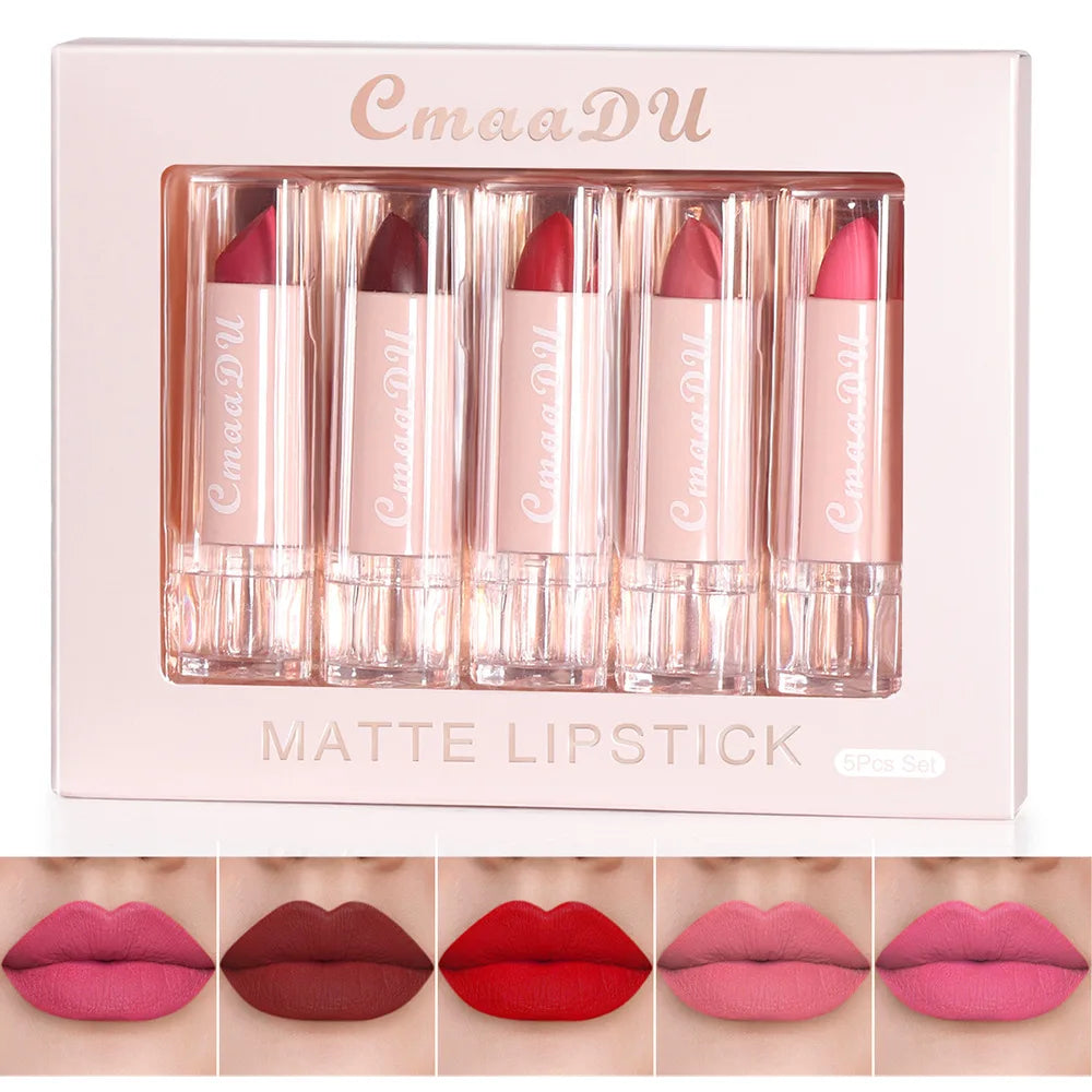 CmaaDu 5-Piece Velvet Matte Lipstick Set – Waterproof & Long-Lasting