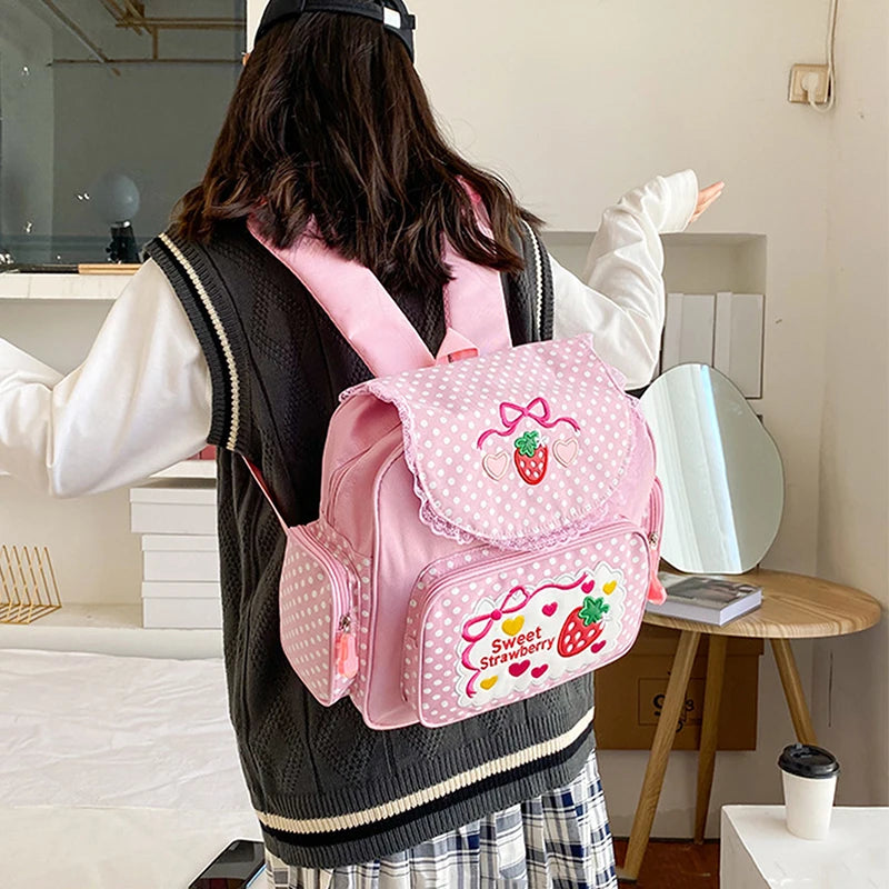 Pink Girl Embroidery Strawberry Children's Schoolbag Student Birthday Gift Cartoon Backpack Book Bags Christmas New Year Gift Oasis Select