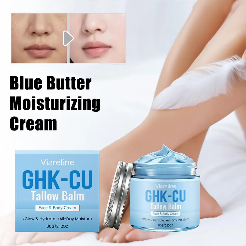 Natural GHK-CU Copper Peptide Tallow Balm Blue Cream - Brighten Hydrating Face & Body Moisturizer, for Dry Sensitive Mature Skin Oasis Select
