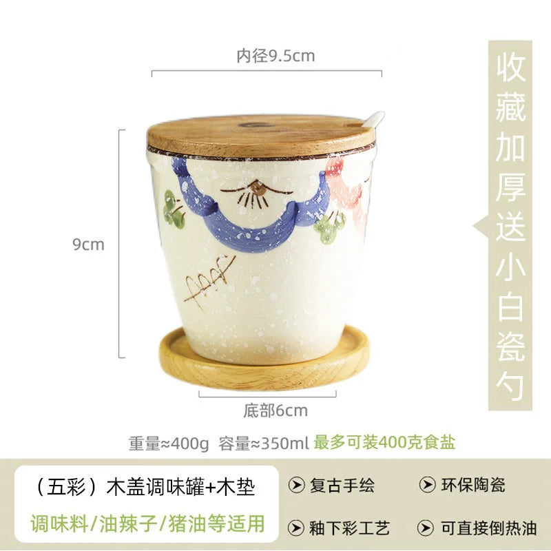 Ceramic Retro Seasoning Pot Hand-painted Salt Pot Oil Tank Pepper Pot for Kitchen Oasis Select porcelain spoon 6