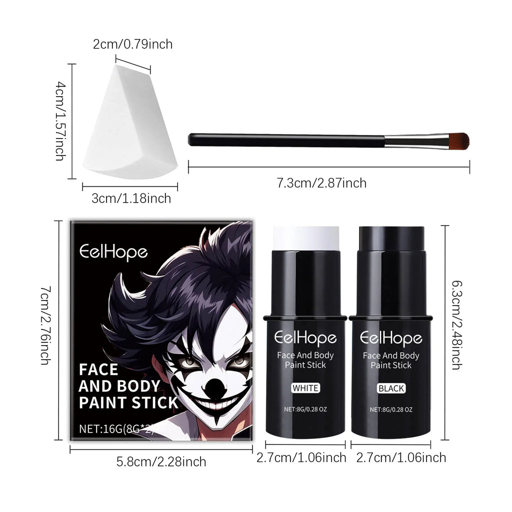 Halloween Black White Face Body Paint Kit Full Coverage Lighweight Foundation Clown Joker Makeup Festive Makeup Accessories Set Oasis Select 1set boxed