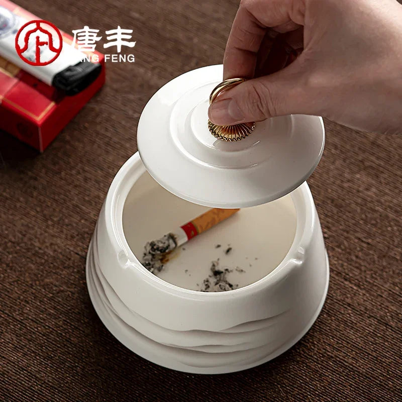 Sheep Fat Jade Ashtray Simple Article with Cover Fly Ash White Porcelain Ashtray Decoration for Household Living Room Ashtray Oasis Select