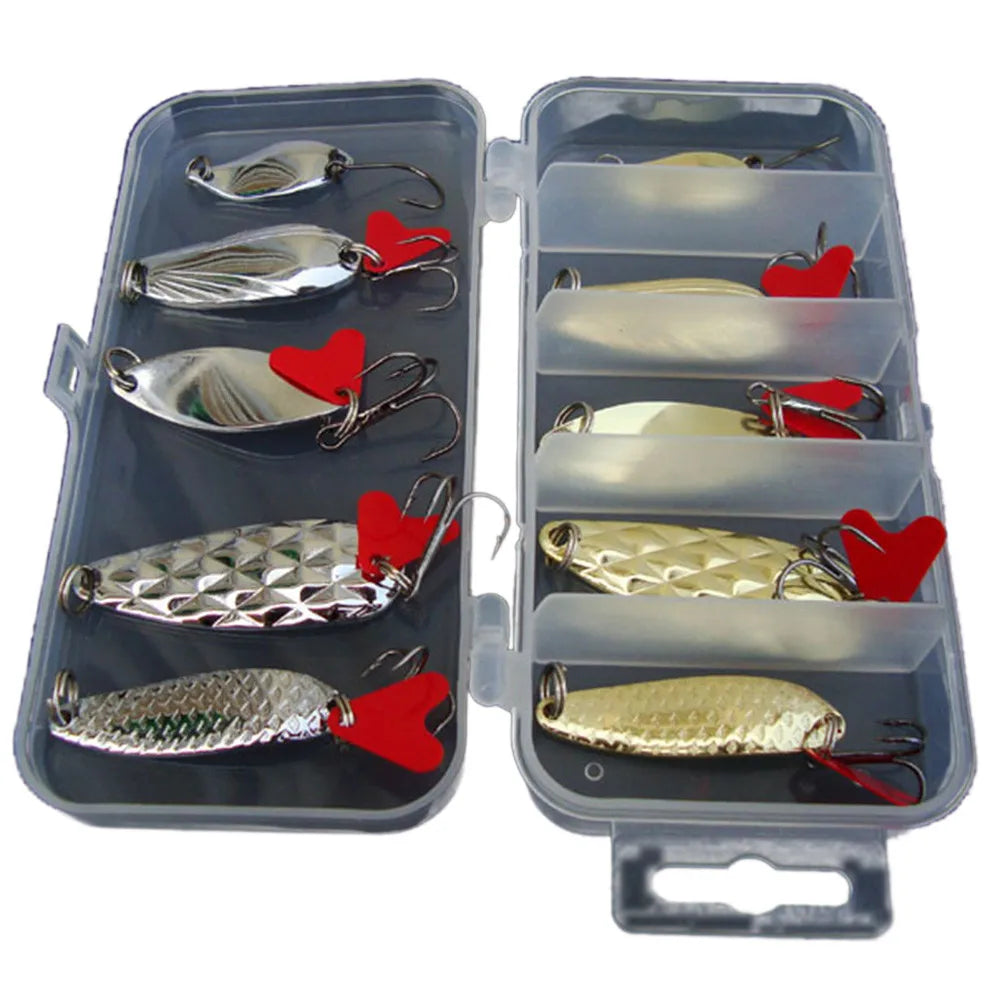 10-Piece Metal Jig Spoon Spinner Fishing Lure Set + Tackle Box Fishing Lure Set Oasis Select