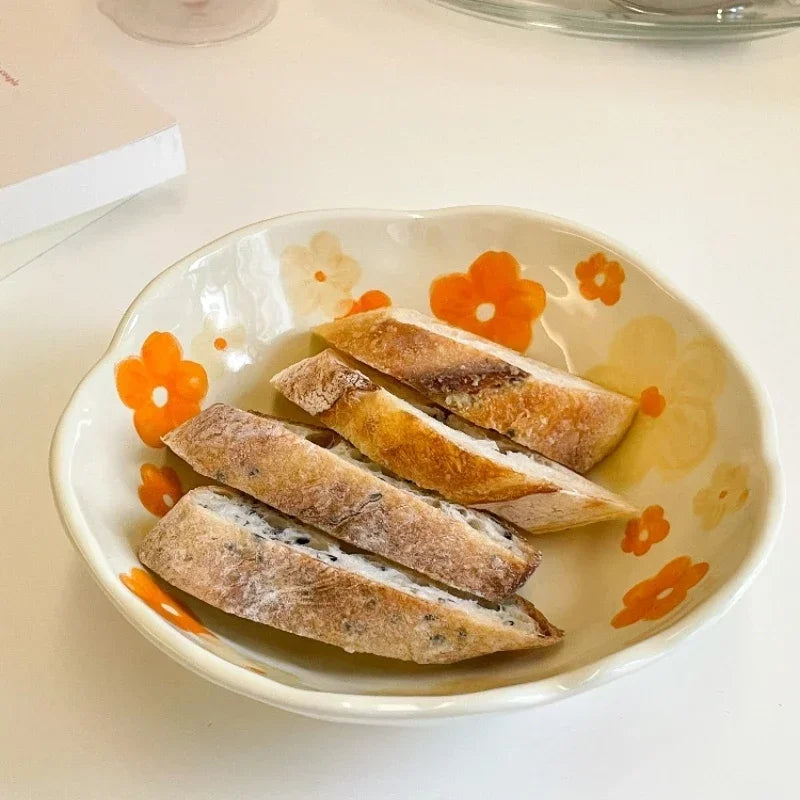 1PCS Ceramic Salad Bowl Hand Pinched Irregular Ins Korean Style Cream Yellow Yogurt Bowl Oatmeal Breakfast Plates Flower Bowl Oasis Select