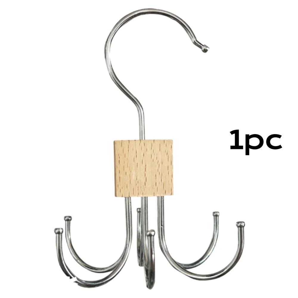 360° Rotating Storage Hanger Hook Multi-Claw Bag Metal Belts Rack Wooden Organizer For Bras Ties Scarves Household Closet Acces Oasis Select Wood color 1pc