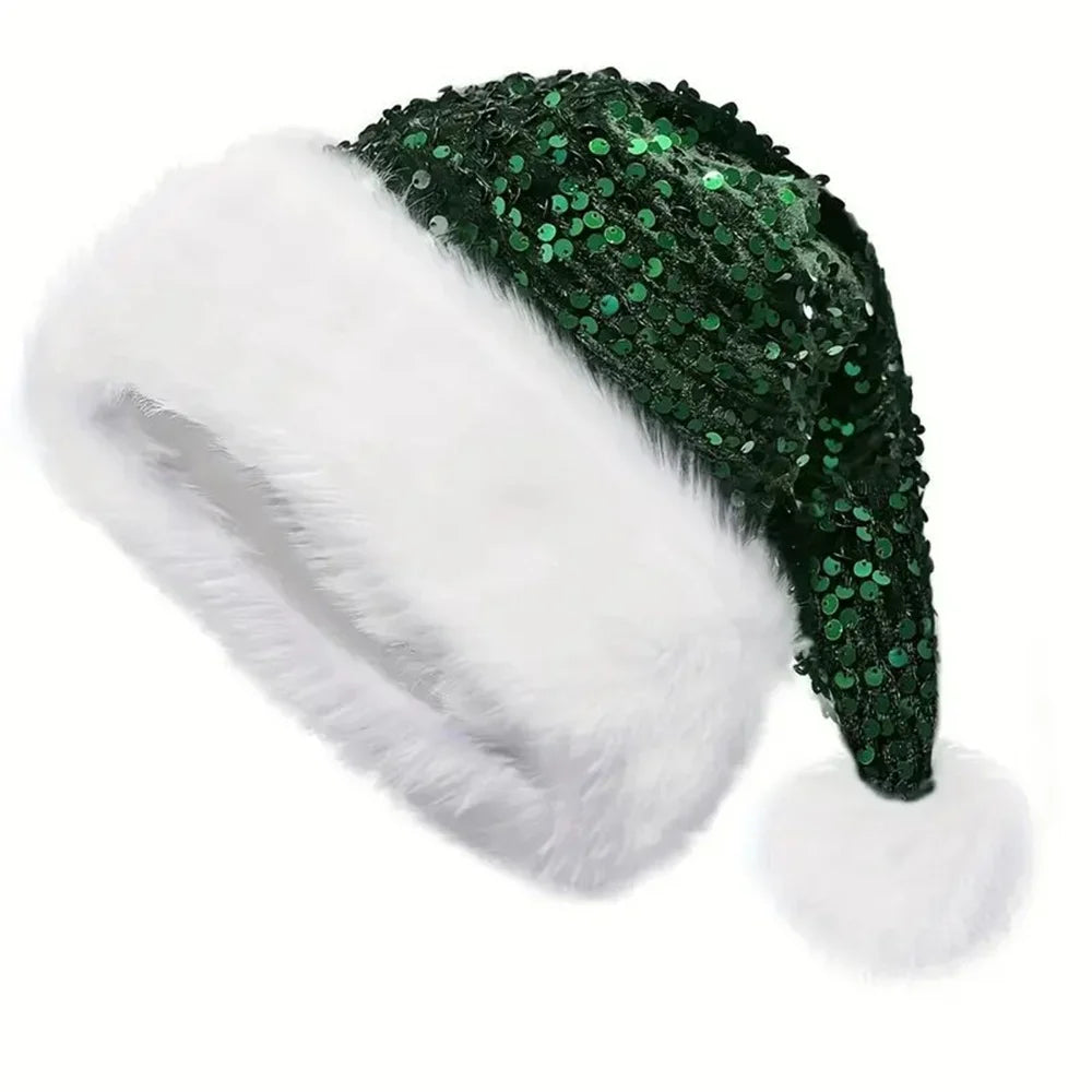 Double-Layer Sequin Santa Hat with Fluffy Pompom | Adults & Kids