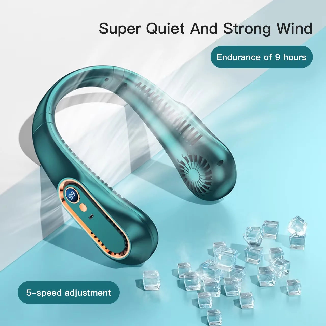 3000mAh Bladeless Neck Fan – USB Rechargeable, 5-Speed, LED Display
