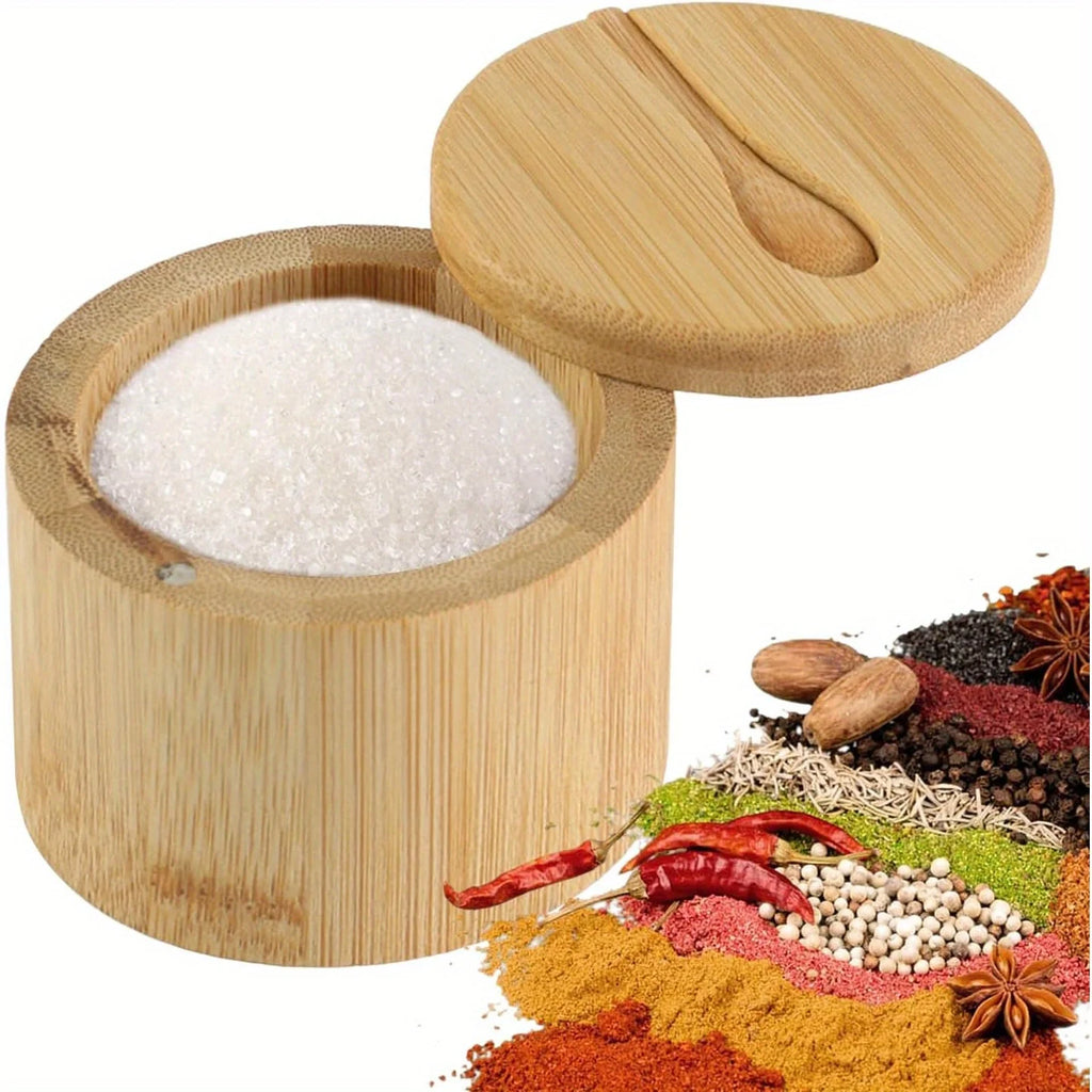 1pc Bamboo seasoning container with magnetic twist-top lid and spoon, ideal for storing pepper, table salt and other condiments. Oasis Select