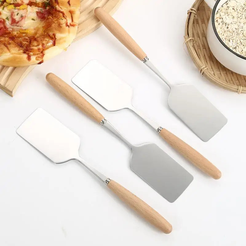 Stainless Steel Square Head Steak Cooking Spatula Wood Handle Pizza Shovel Pancake Beef Scraper BBQ Utensils For Kitchen Oasis Select