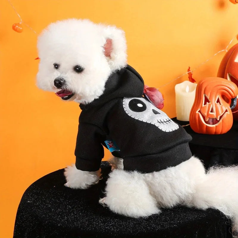 Pet Clothes Dog Cat Silver Skull Halloween Sweater Black Thickened Funny White Skull Embroidered Button Hooded Jacket Oasis Select