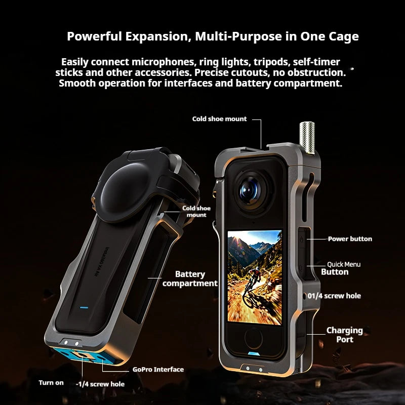 Aluminum Cage Frame for Insta360 X4 – Shockproof Bracket