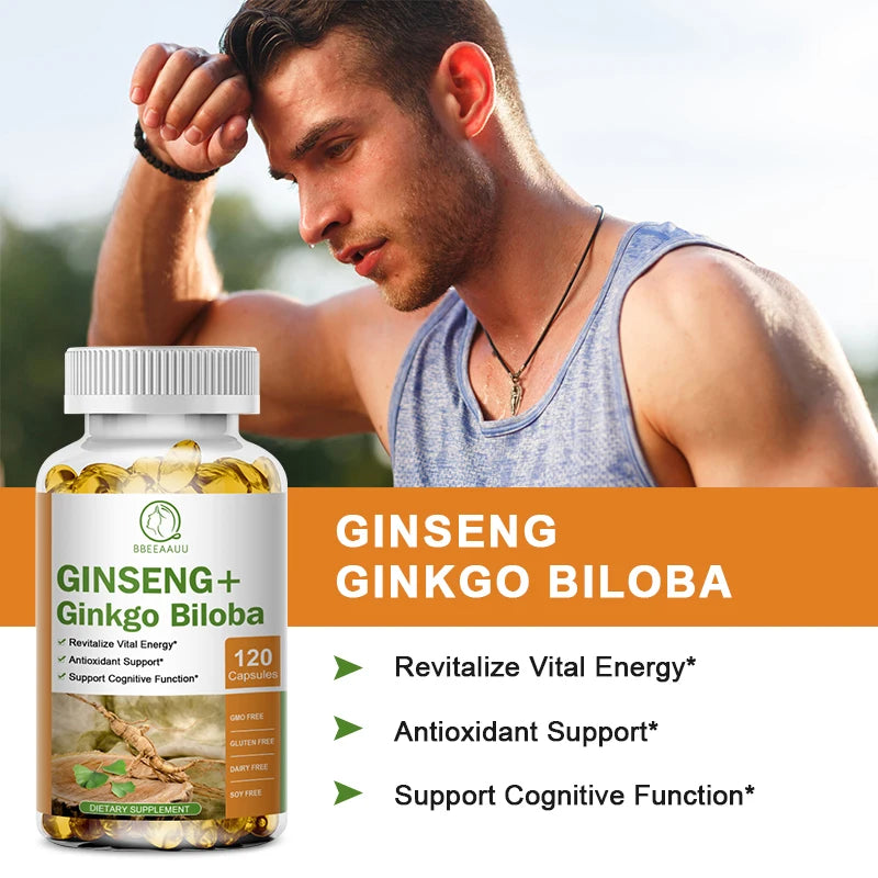 BBEEAAUU Ginseng Ginkgo Capsules Support Healthy Brain, Memory Cognitive Functions,Combat Stress & Fatigue Improve Immune System Oasis Select