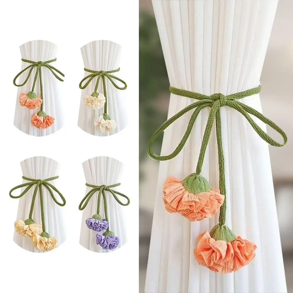 Elastic Band Curtain Tieback No Punching Adjustable Window Curtain Buckles Flower Shape Tassels Curtain Rope Holders Living Room Oasis Select