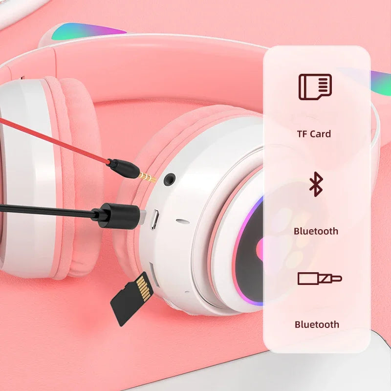 Flash Lamp Cute Cat Ears Headphone Bluetooth5.0 Stereo With Mic Support TF Card Wireless Kids Girl Earphone Birthday Gift Oasis Select